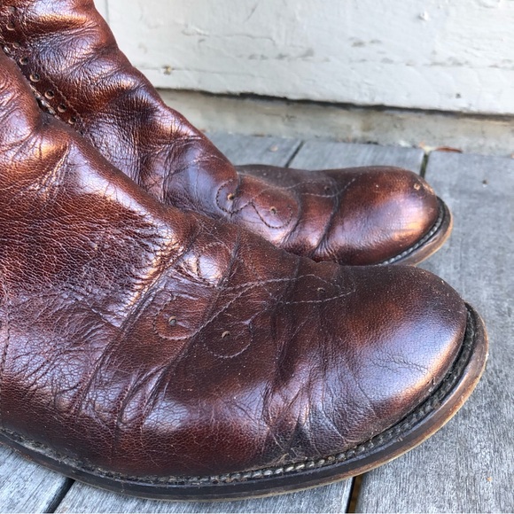 Vintage Italian Brogue Oiled Brown Leather Tall Riding Western Boot Italy 41/11 - Picture 7 of 15